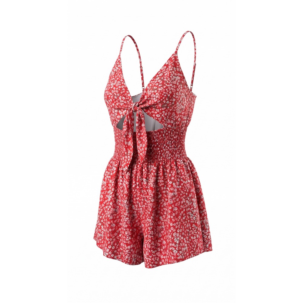 SHEIN Red Floral Tie Front Cutout Romper Smocked Waist 1XL